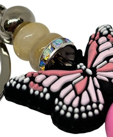 Key Ring - Silver, Yellow Jade and Pink Butterfly