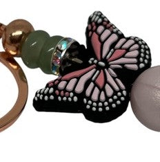 Key Ring - Gold, Green Jade and Pink Butterfly