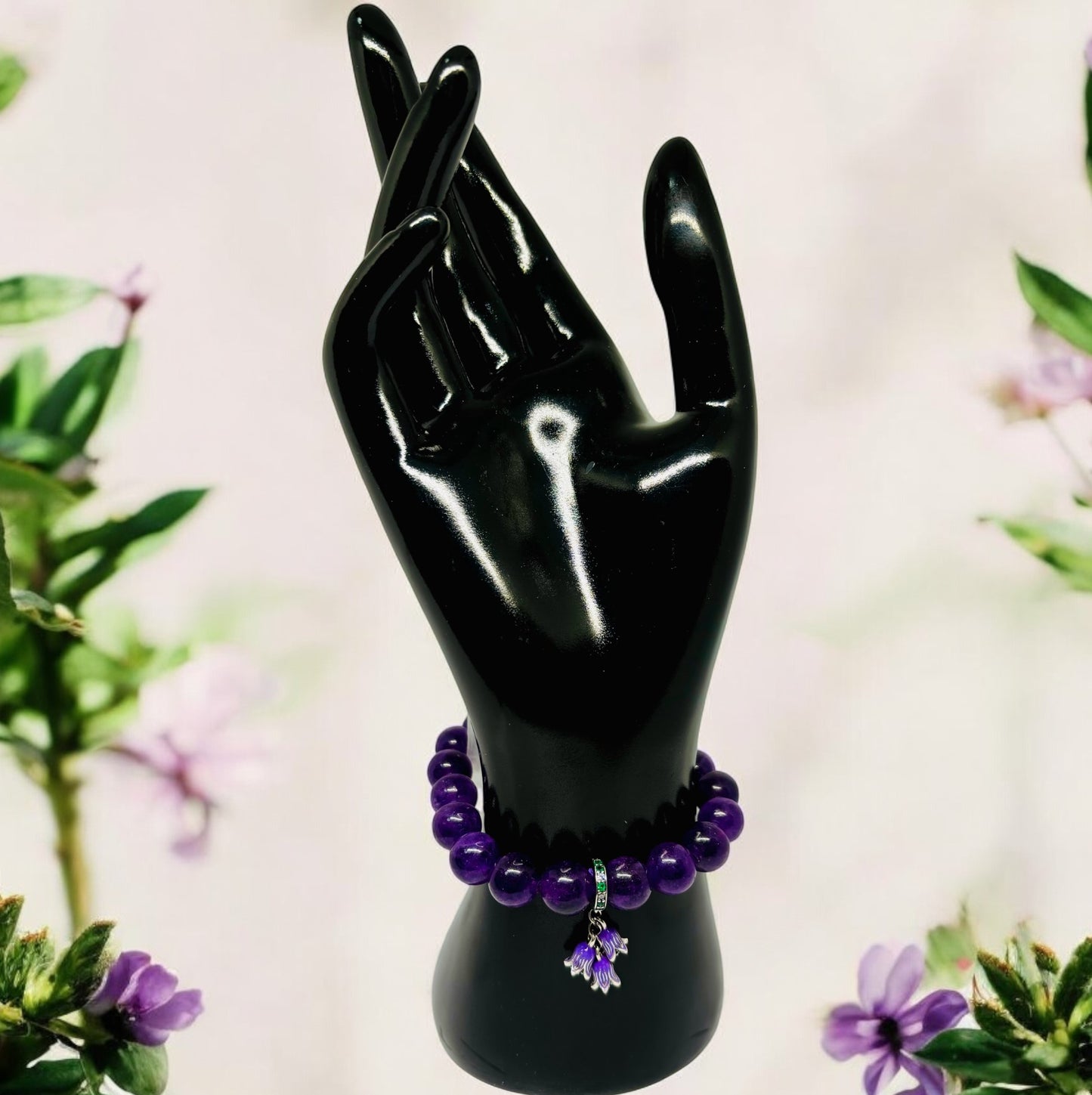 Amethyst Stone Bracelet featuring a Silver-Plated Charm adorned with Purple Enamel Flowers