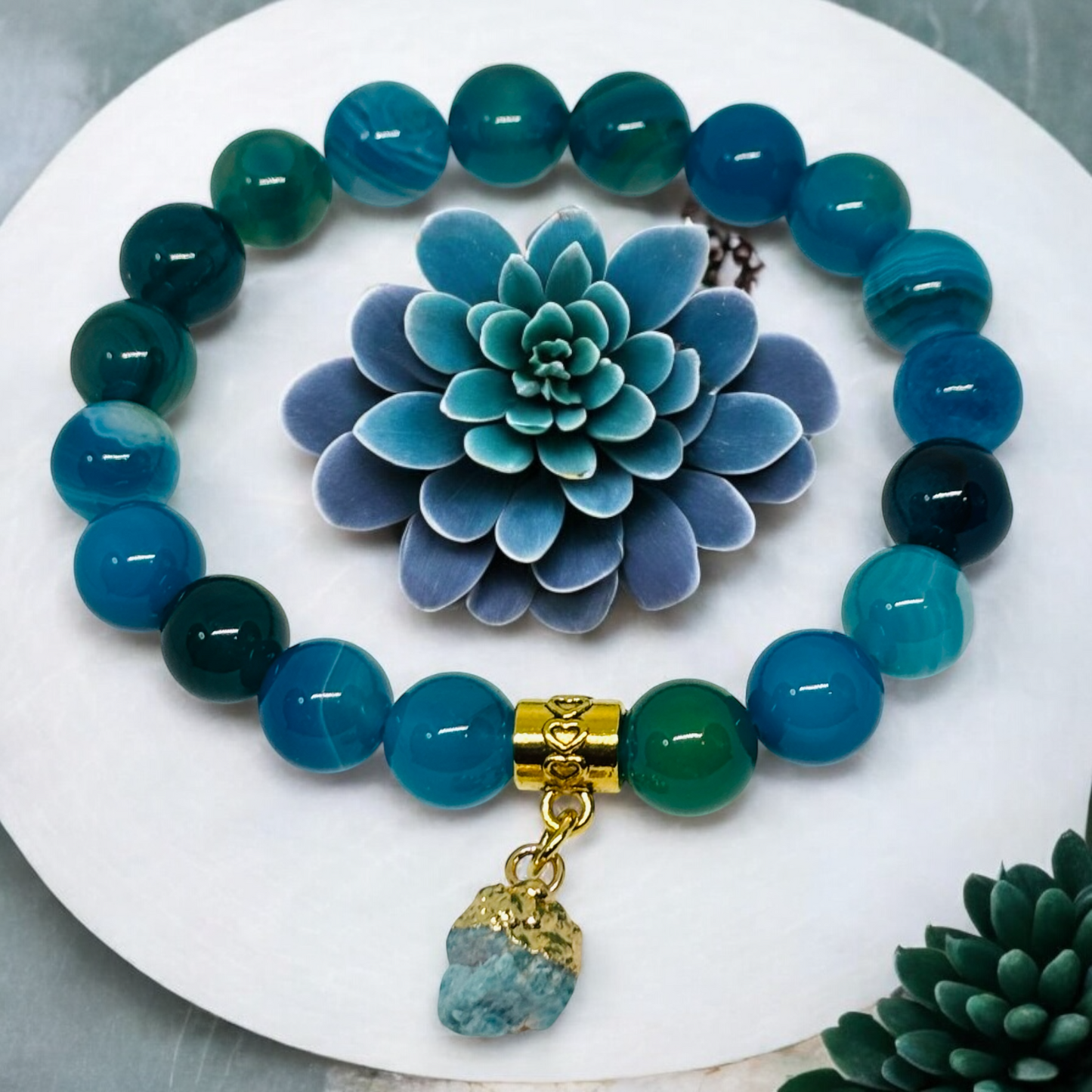 Bracelet - Blue Striped Agate with Raw Apatite set in Brass