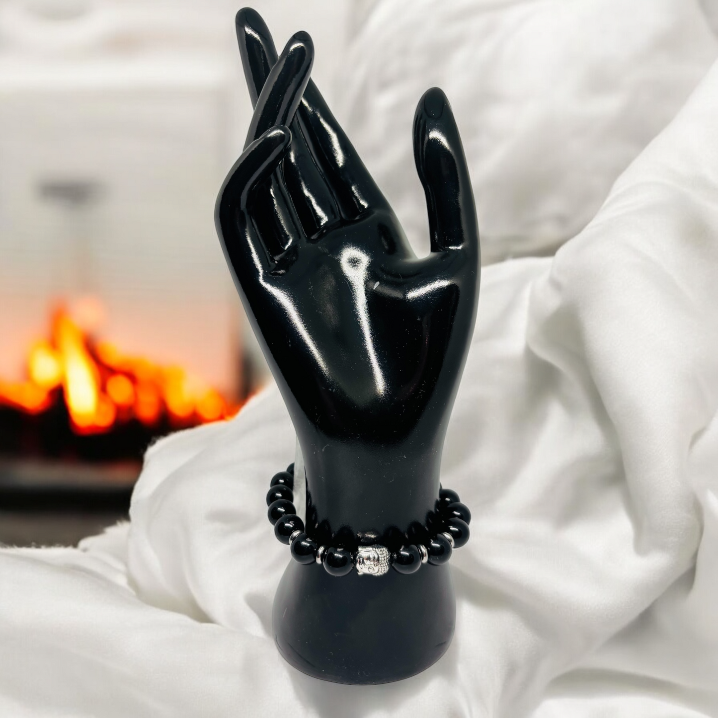 Black Onyx stone Bracelet with a Silver Budda finding