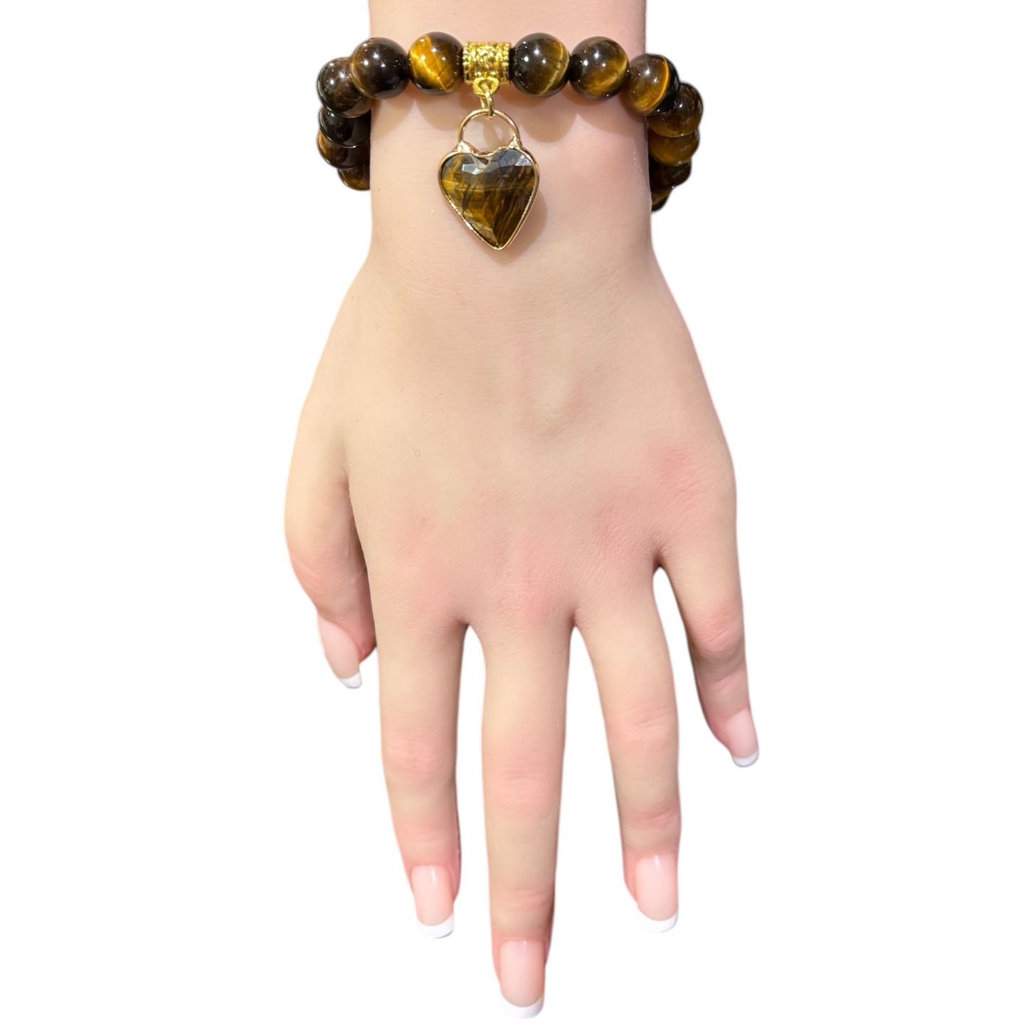 Bracelet - Brown Tigers Eye & bevelled Tigers Eye Heart Charm