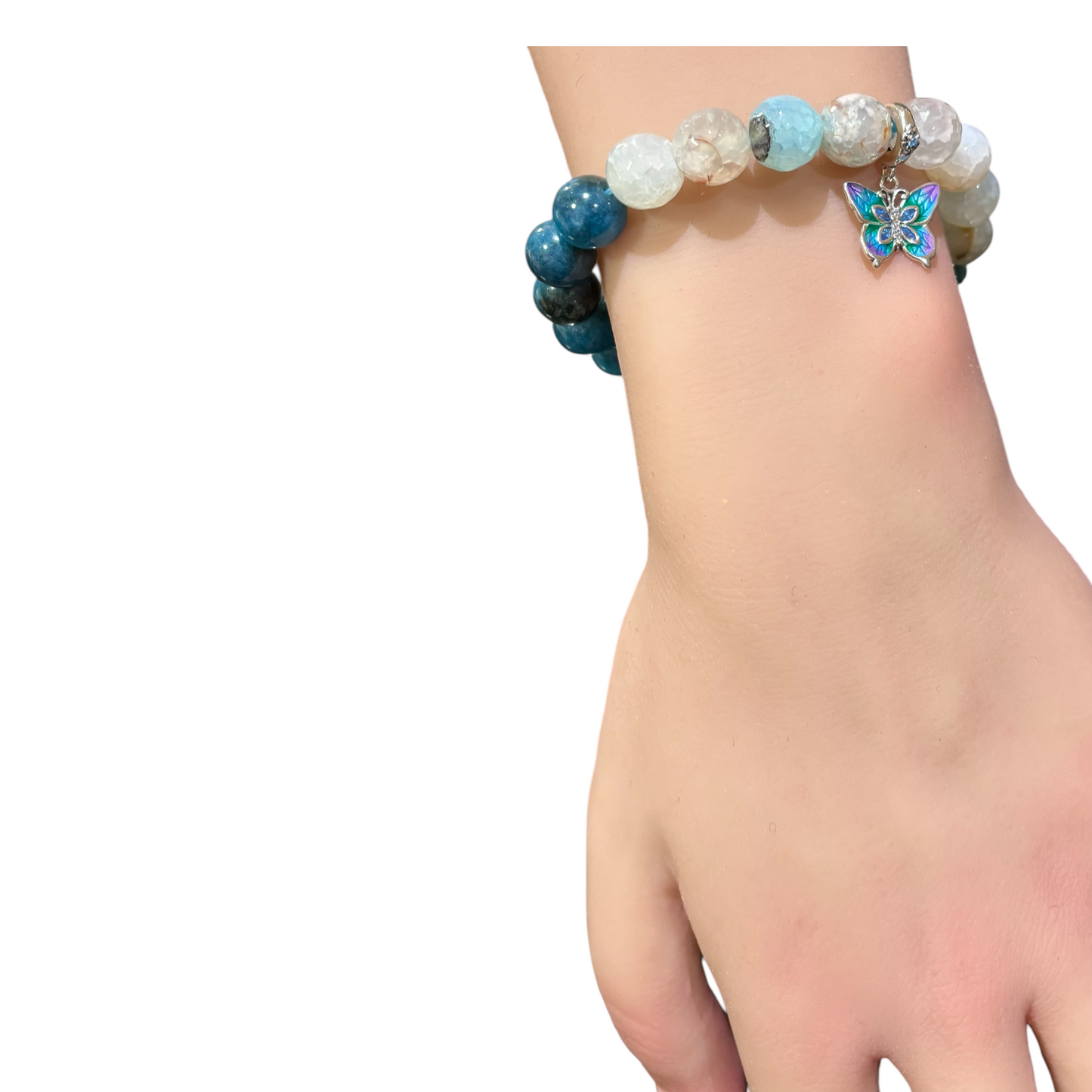 Apatite and Aquamarine Bracelet Featuring a Sterling Silver and Blue Enamel Butterfly Charm