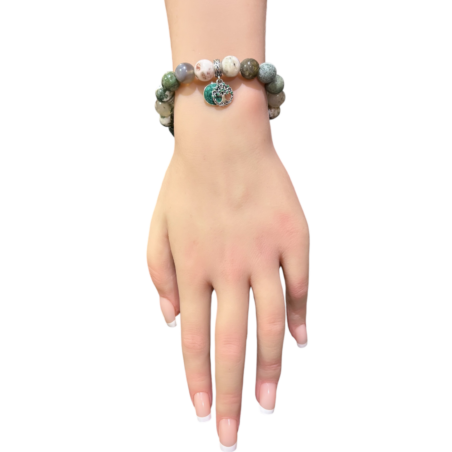 Green Tree Agate Bracelet paired with Sterling Silver and a green enamel Family Tree disc.