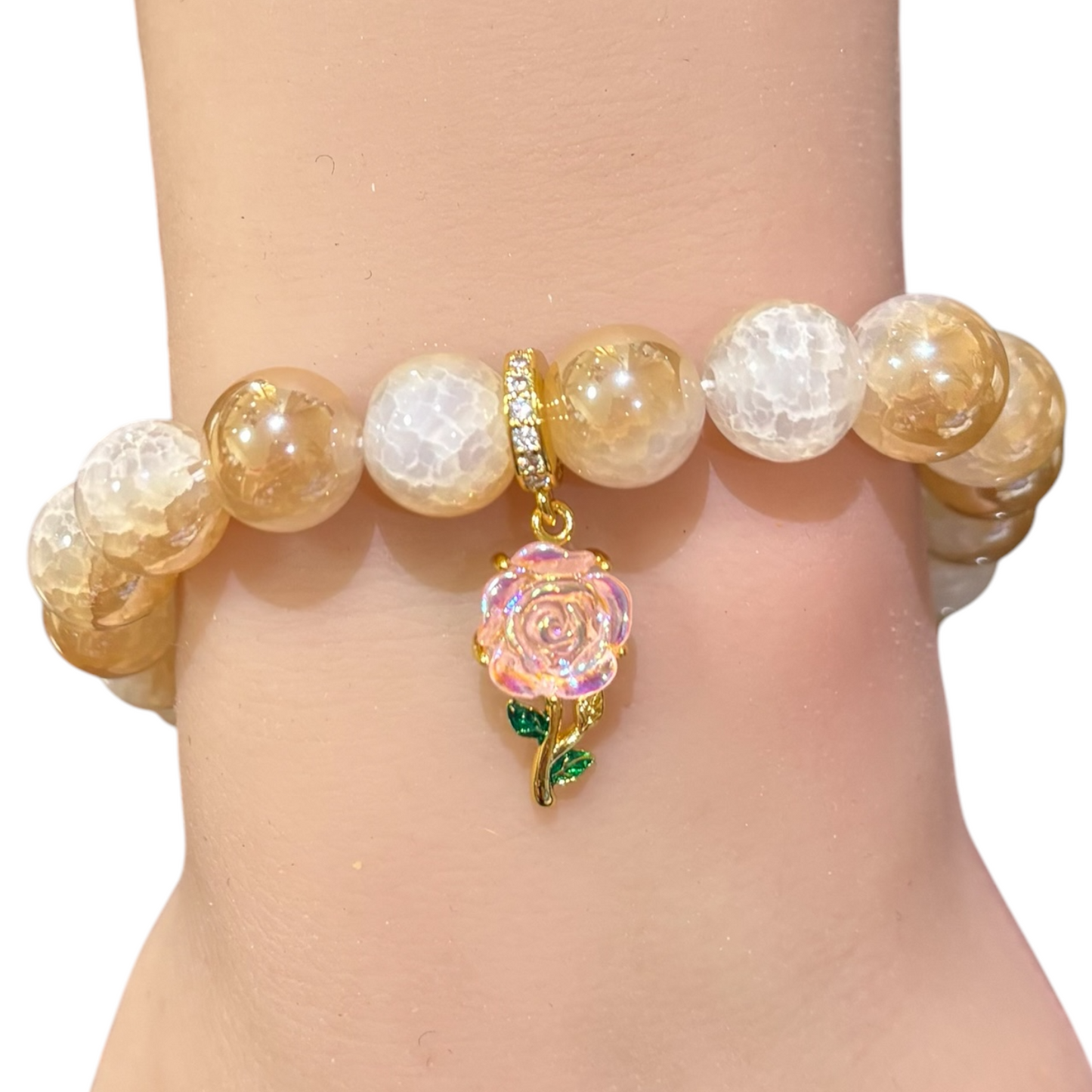 White Luminos Cracked Agate Bracelet with gold-plated sterling silver and resin flower charm