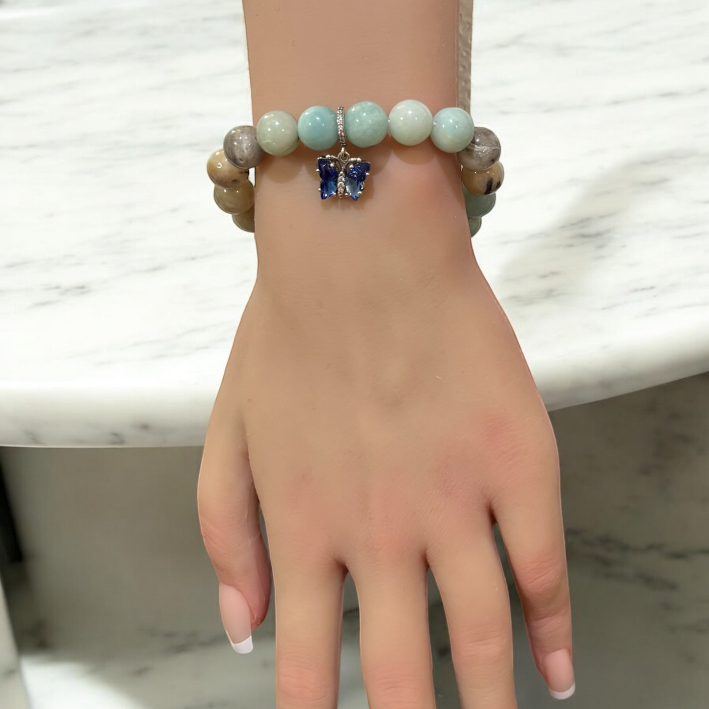 Amazonite Stone Bracelet with a Sterling Silver heart charm embellished with a blue crystal