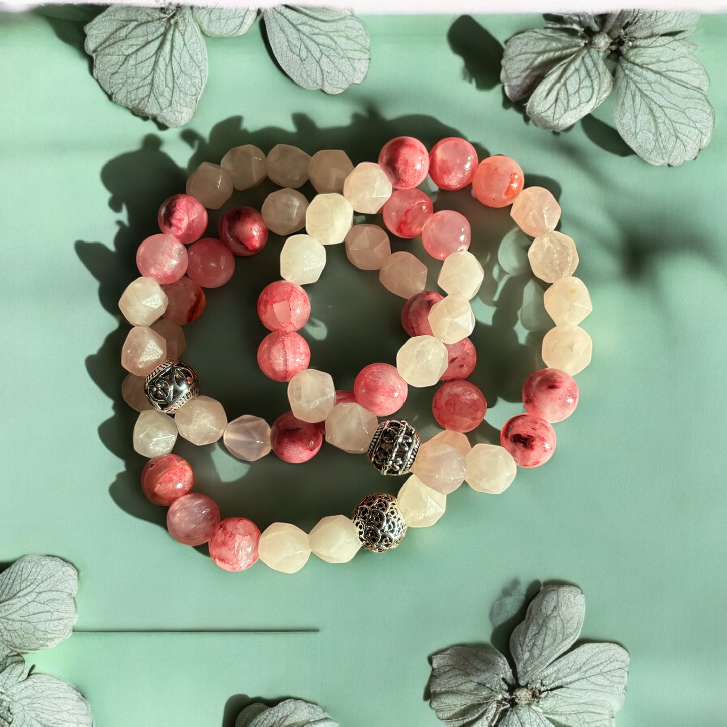 Red Persian Agate Faceted Rose Quartz bracelet with a Tibetan Silver Charm