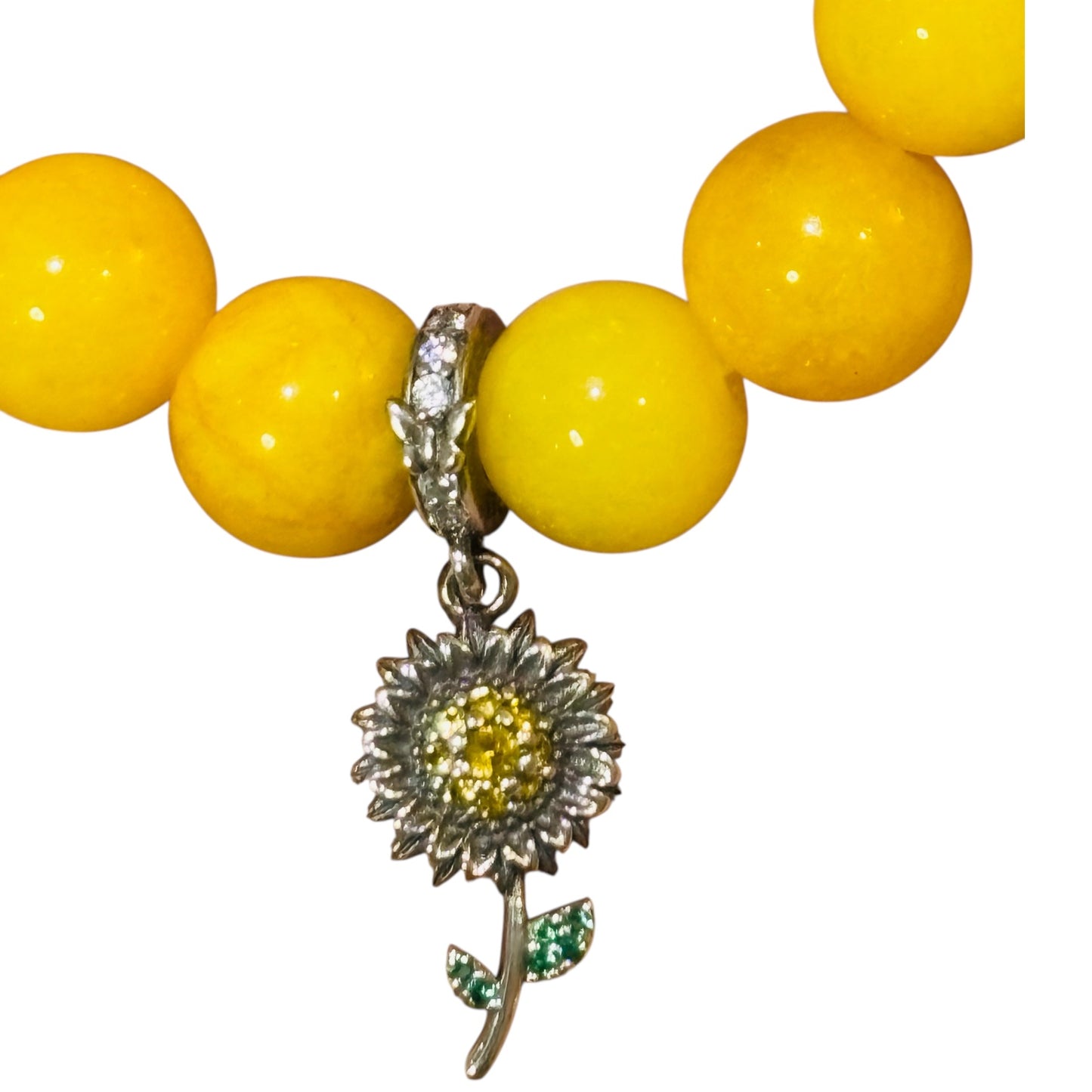 Yellow Jade Bracelet with a Stirling Silver Sunflower Charm