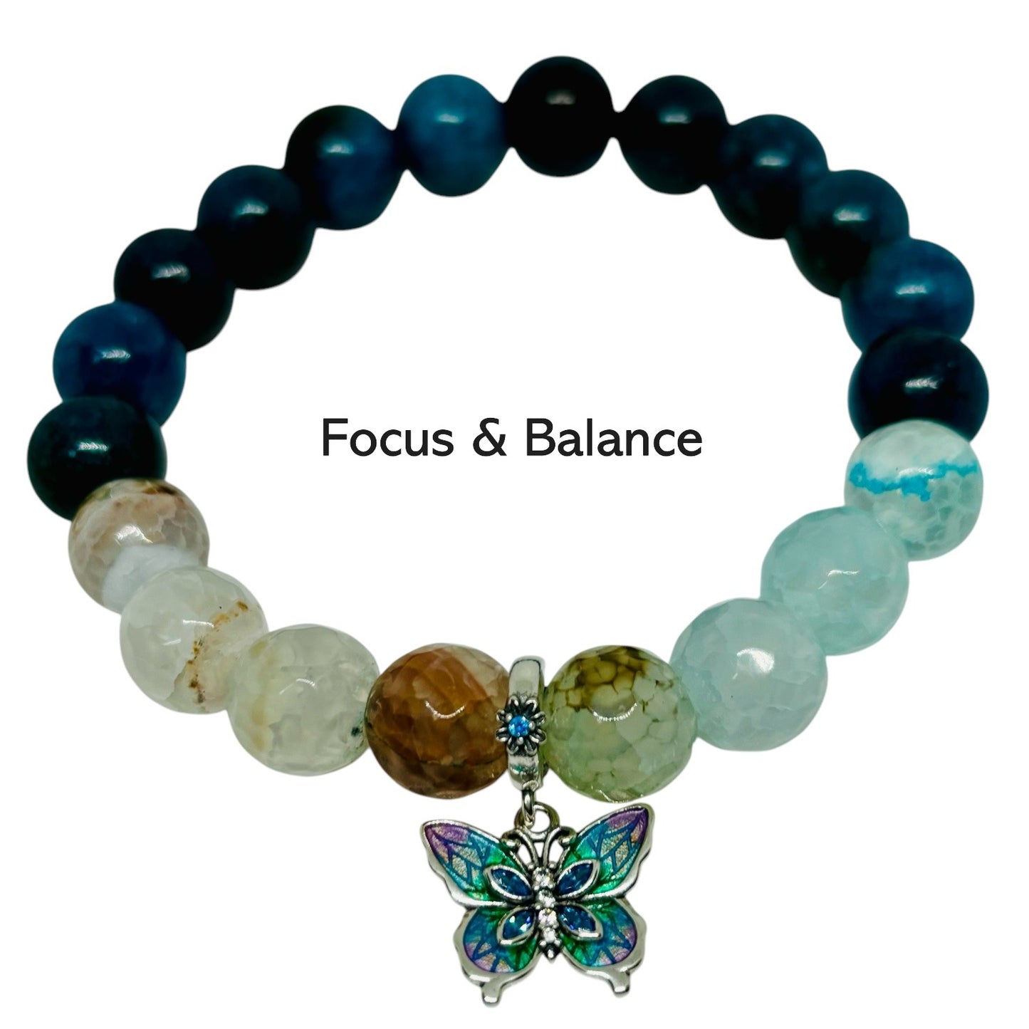 Apatite and Aquamarine Bracelet Featuring a Sterling Silver with Blue Enamel Butterfly Charm