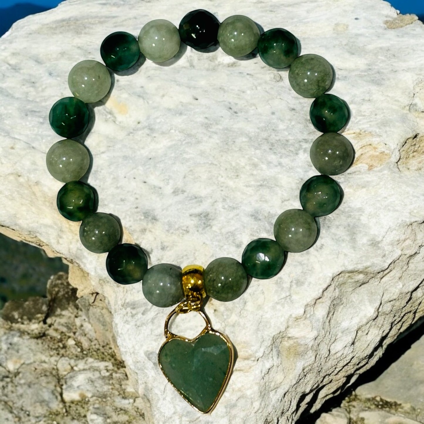 Blue Green Chalcedony Faceted & Green Jade bracelet with Large Aventurine Heart Charm