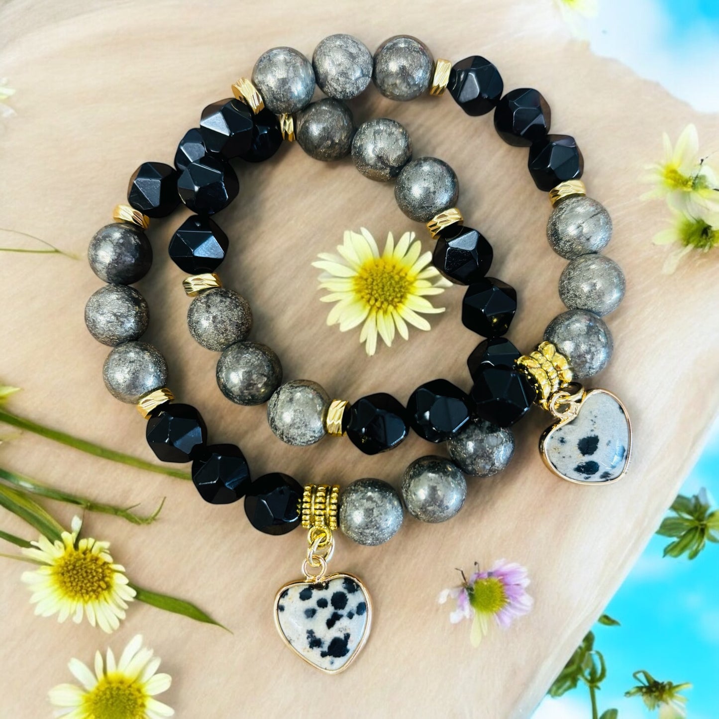 Pyrite and Faceted Black Onyx Bracelet with Dalmatian Jasper Heart Charm