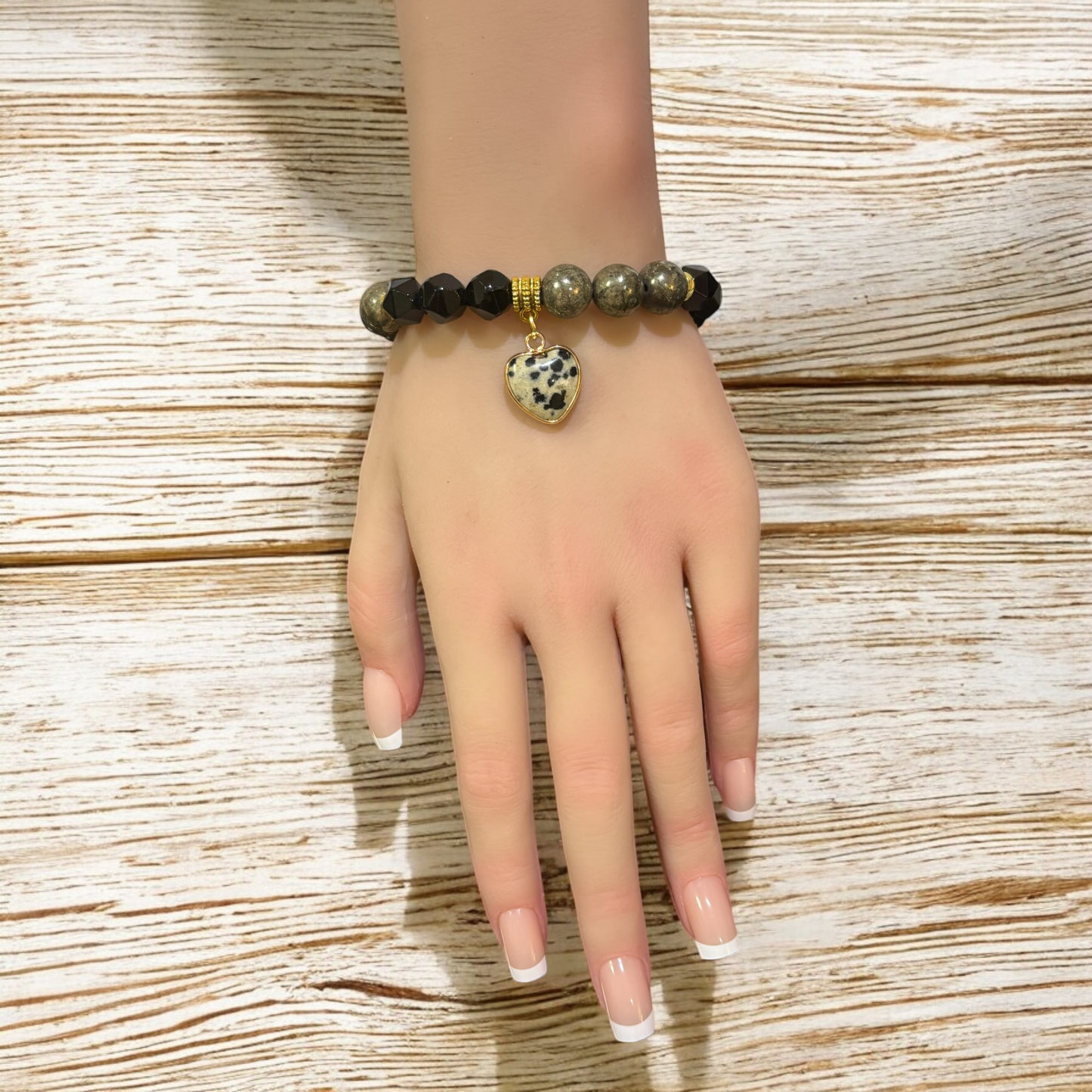 Pyrite and Faceted Black Onyx Bracelet with Dalmatian Jasper Heart Charm