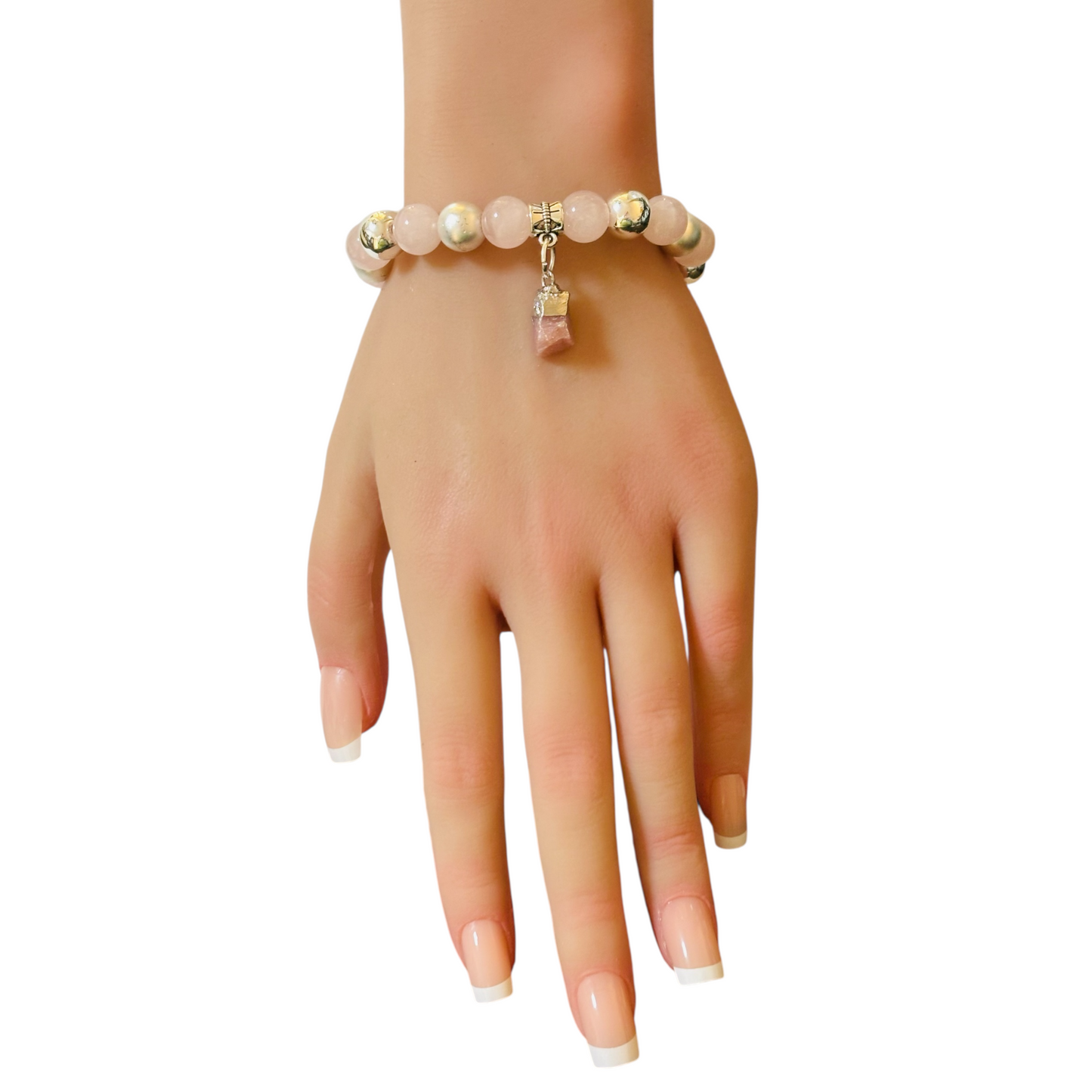 Rose Quartz & Pearlescent treated Hematite Bracelet with Raw Pink Opal Charm
