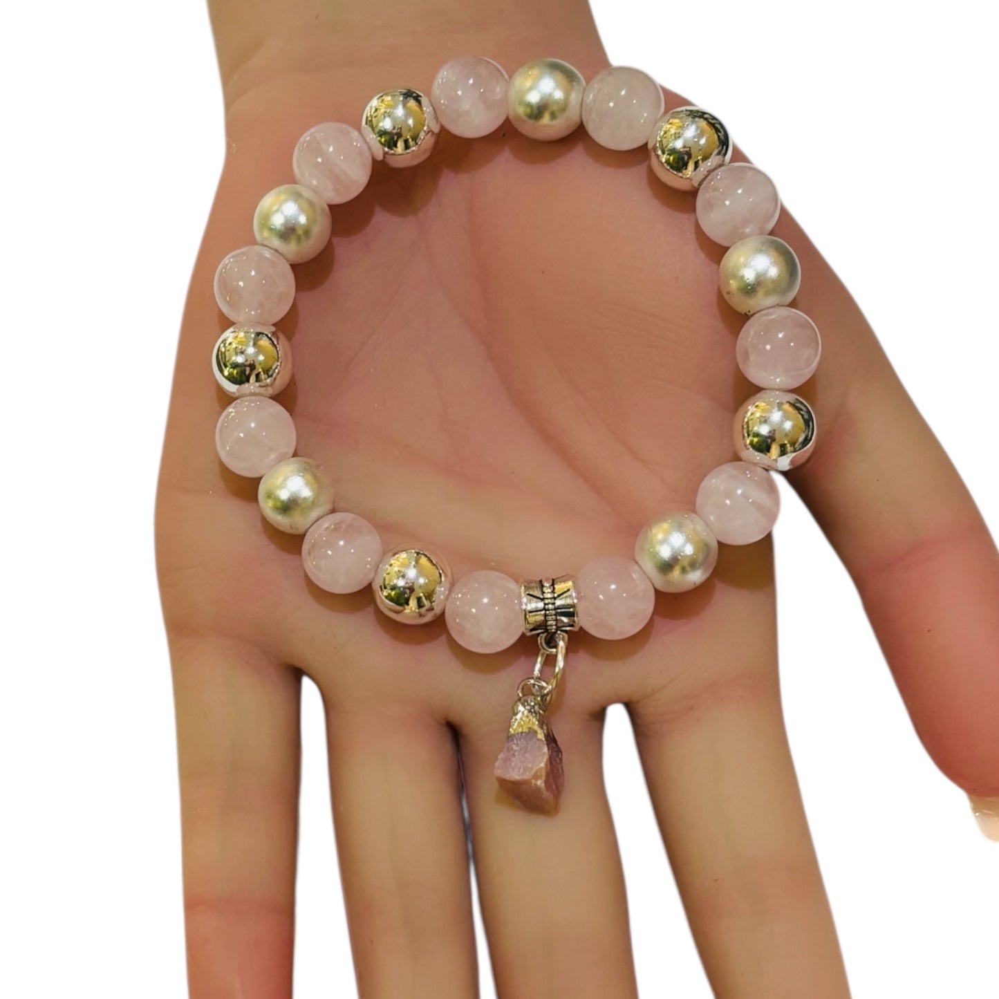 Rose Quartz & Pearlescent treated Hematite Bracelet with Raw Pink Opal Charm