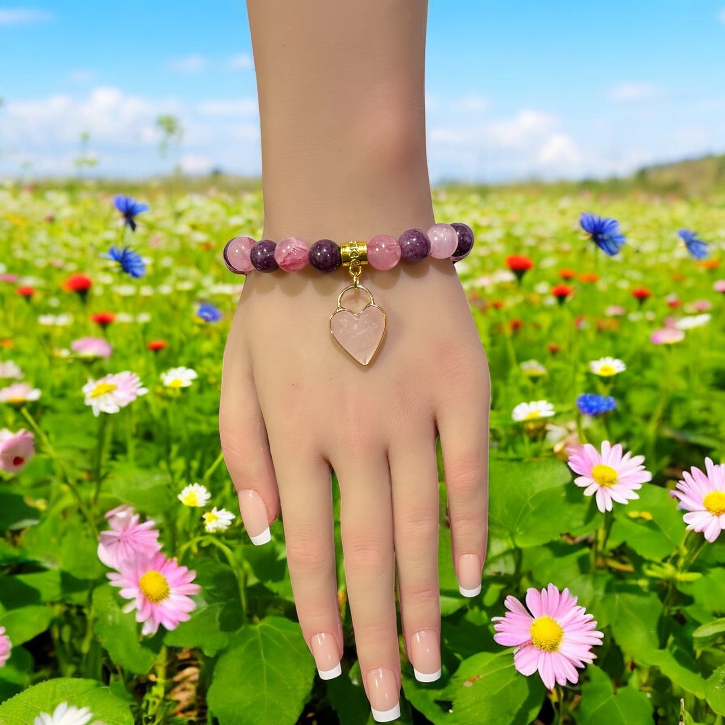 Red Persian Agate, Lepidolite Bracelet & Rose Quartz Charm