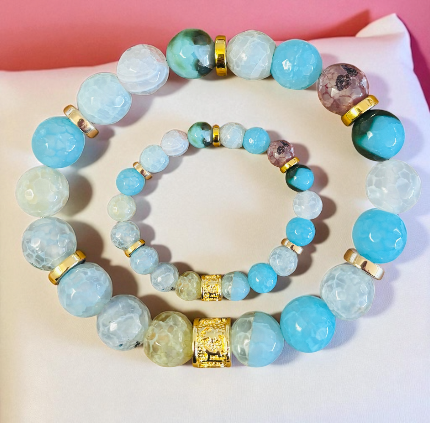 Bevelled Aquamarine Agate Bracelet with gold-plated Brass main charm and findings.