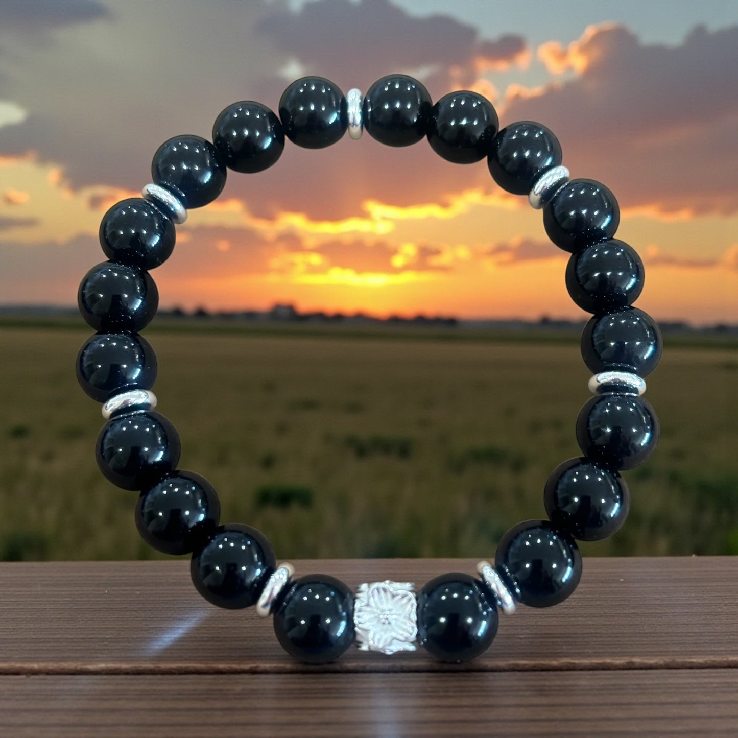 Black Onyx Bracelet with Stirling Silver Fower Charm