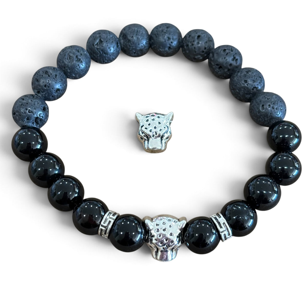 Bracelet - Black Onyx & Lava Rock with Leopard Head Charm
