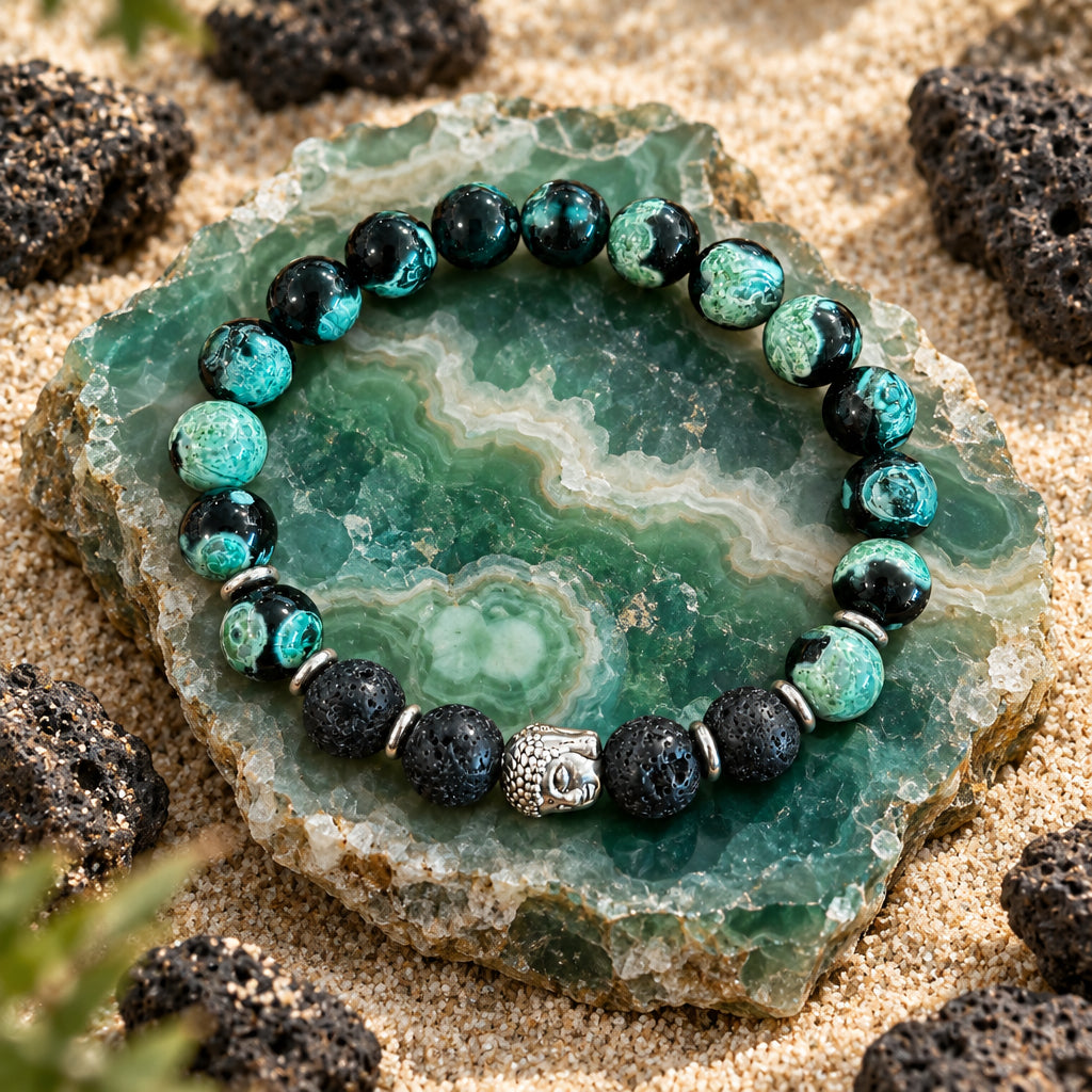 Handcrafted green dream agate and lava rock bracelet for balance, growth, and emotional resilience