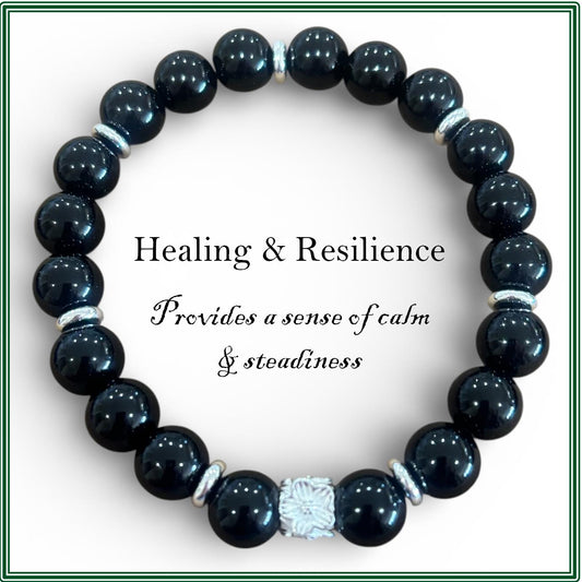 Black Onyx Bracelet with Stirling Silver Fower Charm