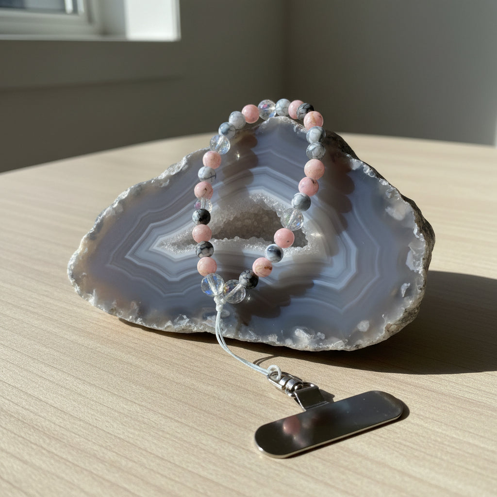 Phone Strap - Grey-White Fire Agate & Pink Howlite