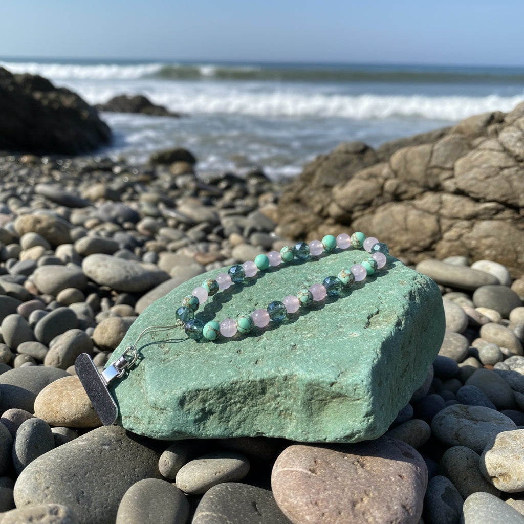 Phone Strap - Green Turquoise & Rose Quartz