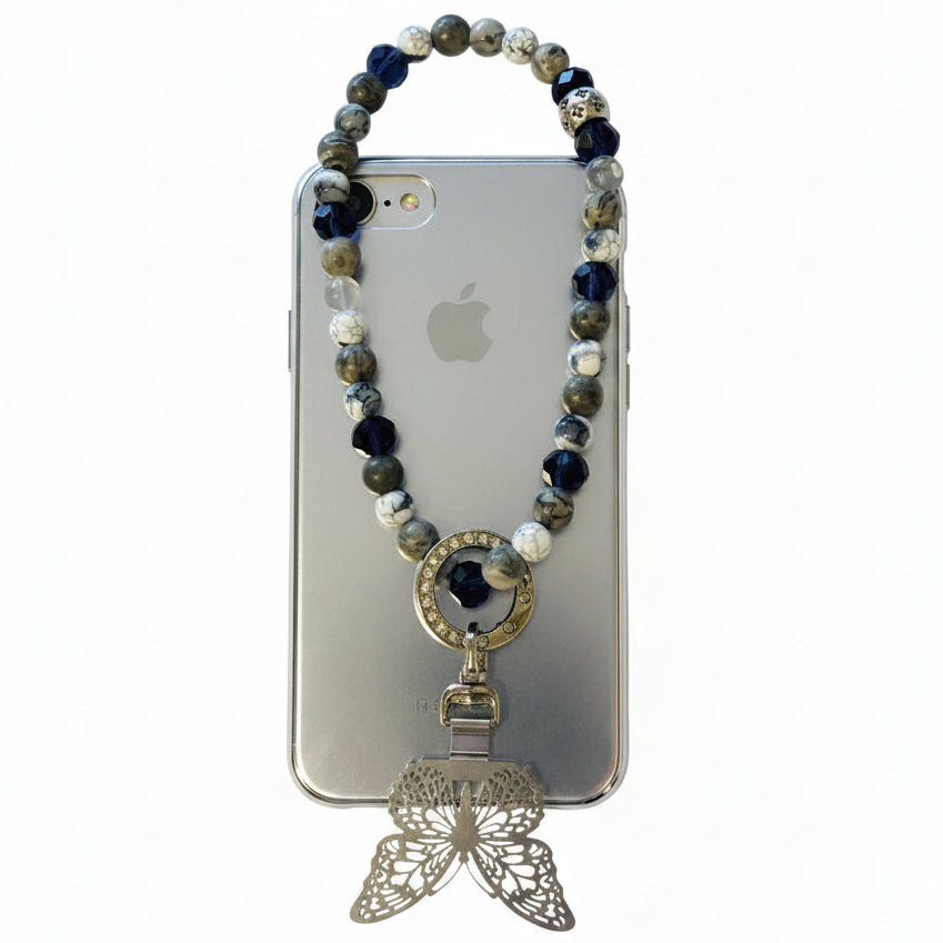 Stone bead Phone Strap of Gray white fire agate