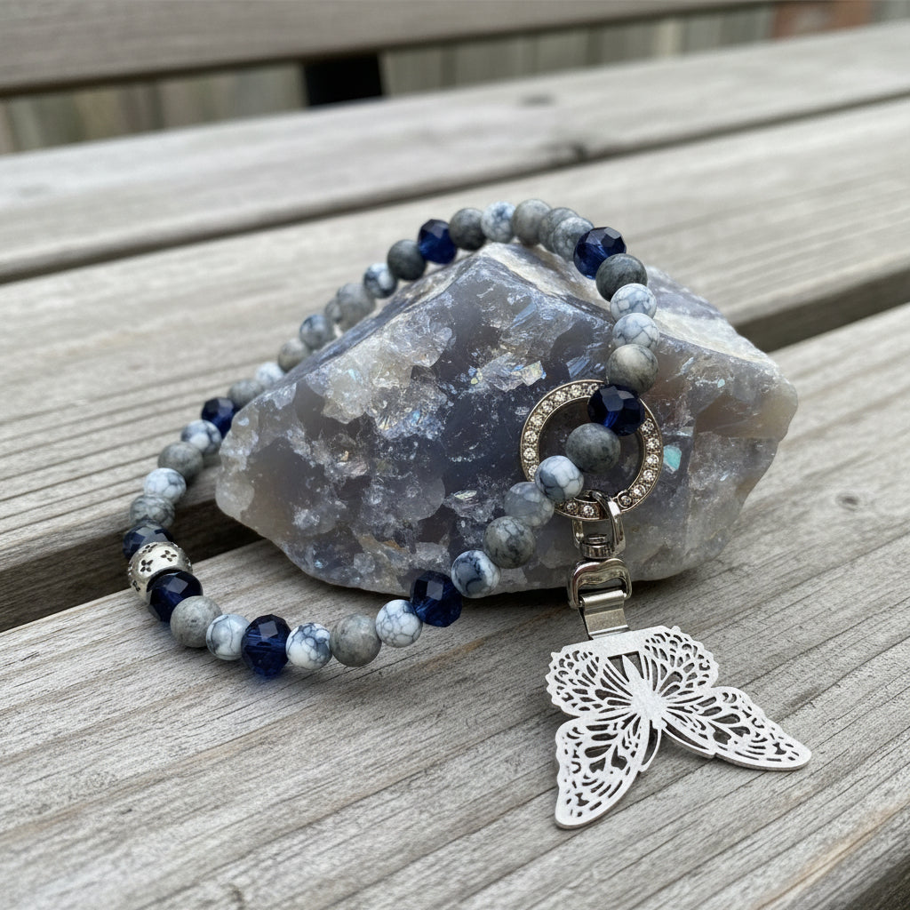 Stone bead Phone Strap of Gray white fire agate