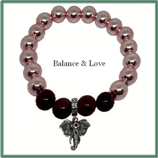 Pink Hematite and Garnet Bracelet with a Sterling Silver elephant charm.