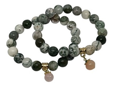 Green Tree Agate Bracelet with Peach Stone Charm