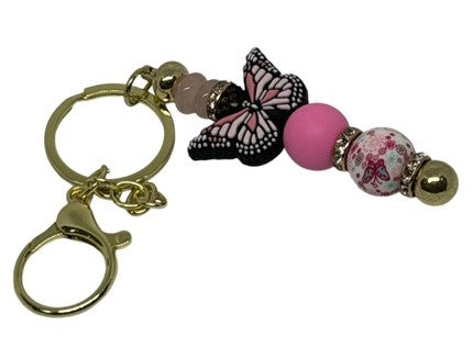 Key Ring - Gold, Rose Quartz and Pink Butterfly