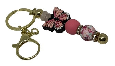 Key Ring - Gold, Rose Quartz and Apricot Butterfly