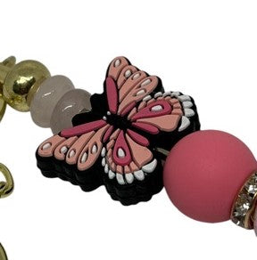 Key Ring - Gold, Rose Quartz and Pink Butterfly