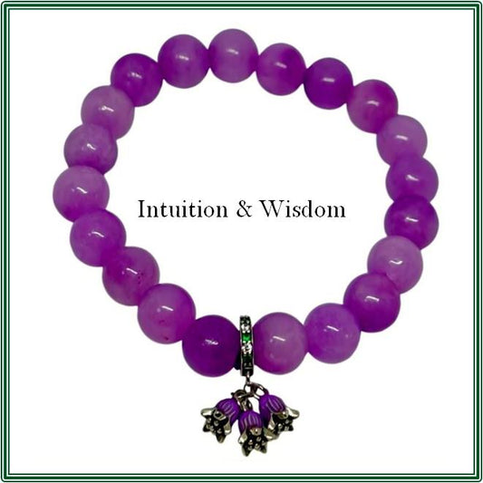 Lavender Amethyst Bracelet and silver-plated charm adorned with purple enamel flowers.