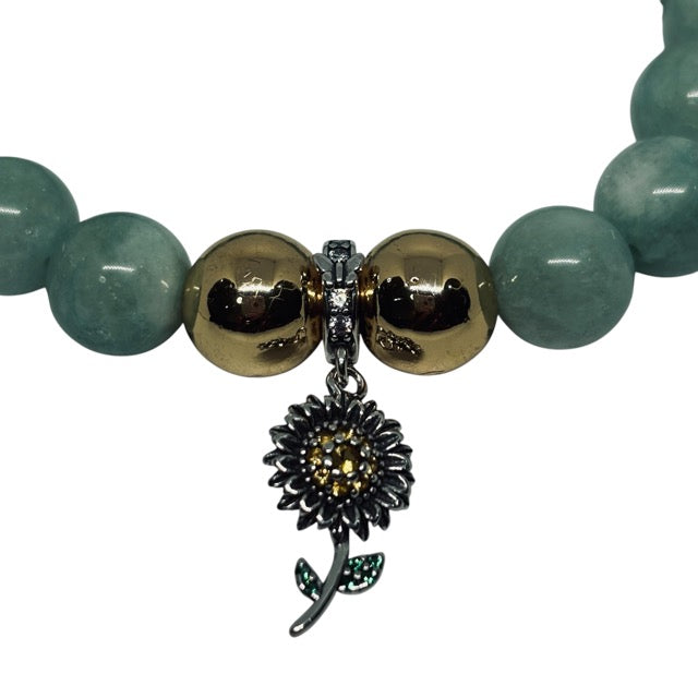 Green Jade and Gold Hematite Bracelet paired with Sterling Sunflower Charm