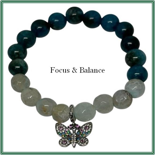 Apatite and Aquamarine Bracelet featuring a Silver-Plated Butterfly Charm adorned with Coloured Crystals