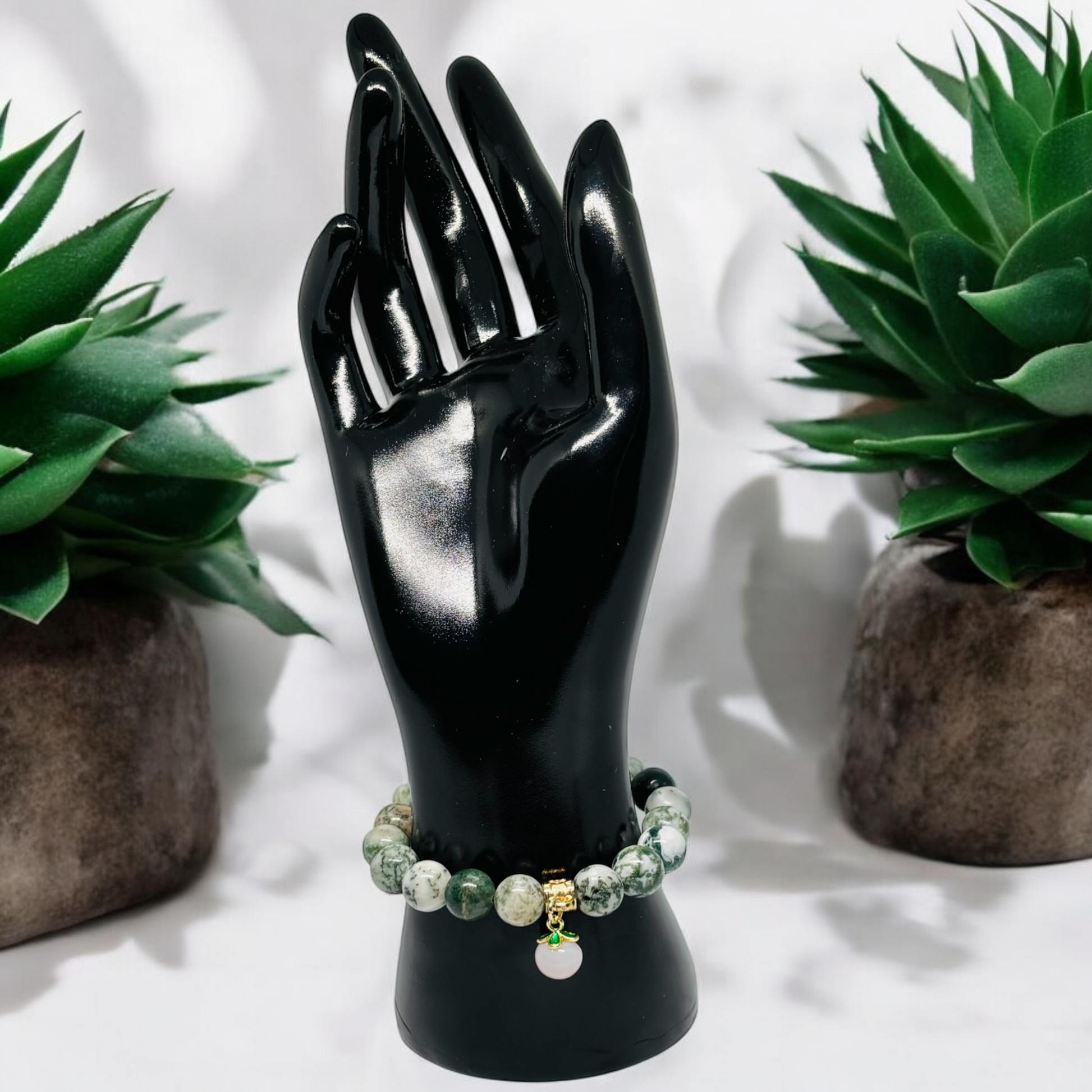 Green Tree Agate Bracelet with Peach Stone Charm