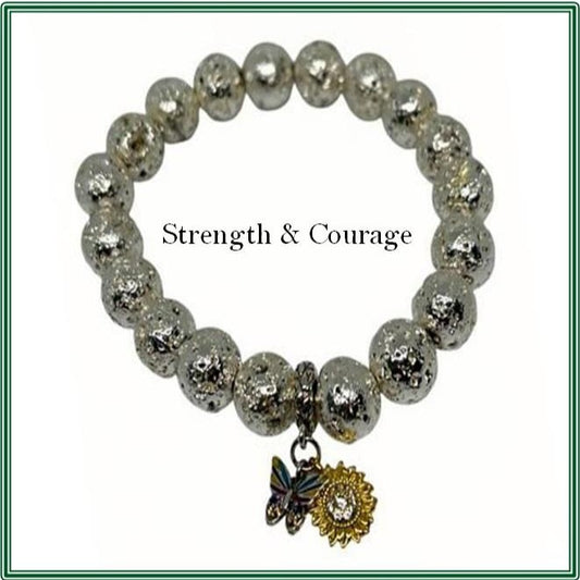 Lava Rock Bracelet treated with silver, adorned with a charming Sterling Silver Sunflower and Butterfly charm.