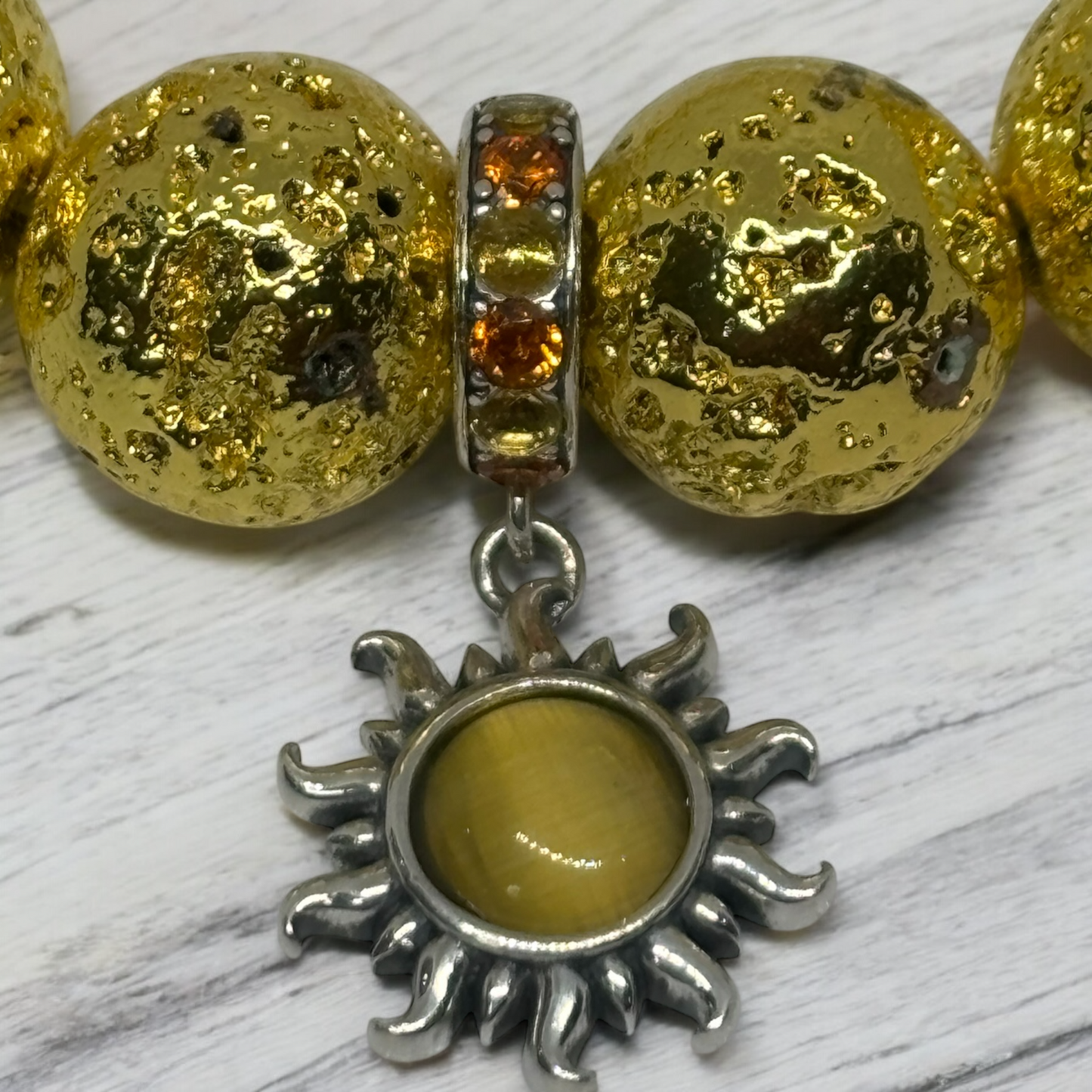 Bracelet - Lava Rock, gold treated with Sterling Silver Charm