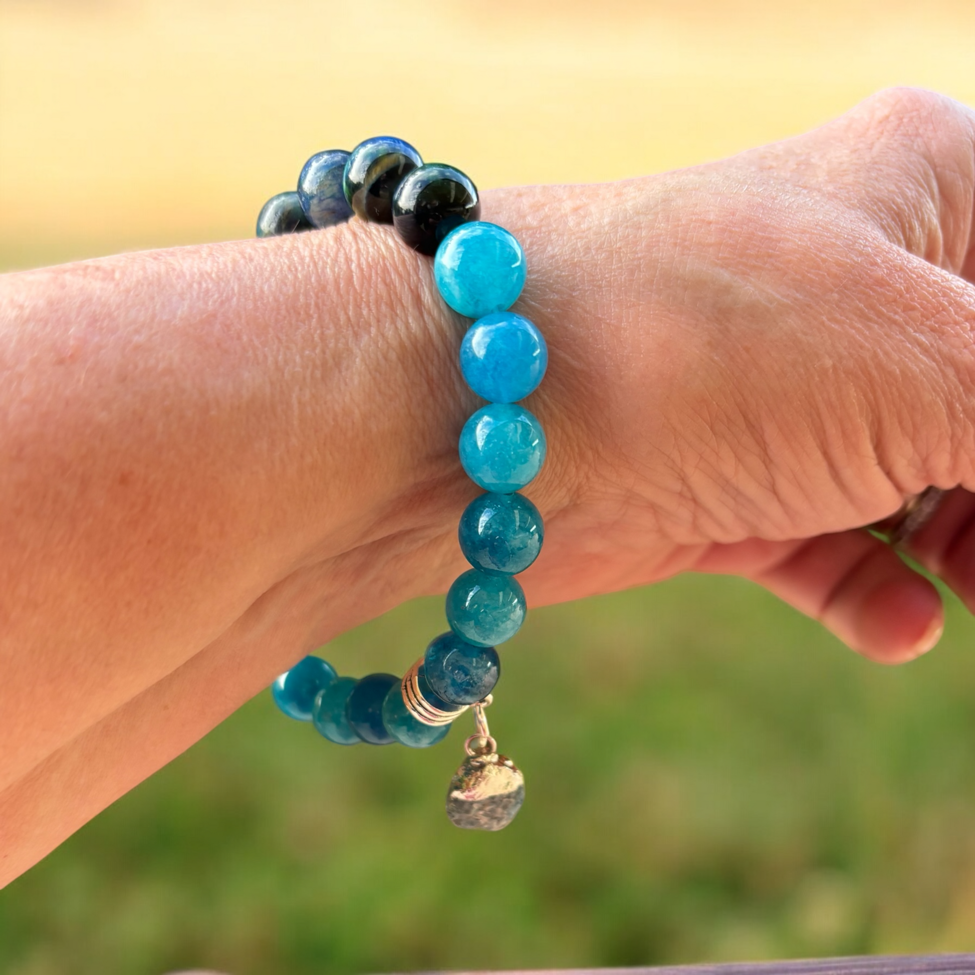 Bracelet - Blue Green Tigers Eye & Apatite with Raw Apatite Charm