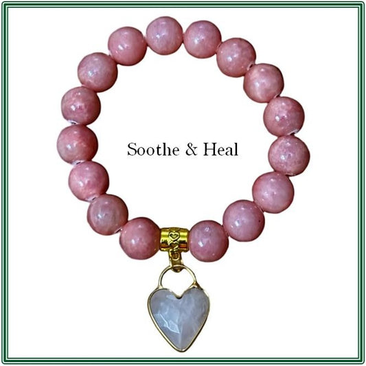 Pink Opal Bracelet of 12mm with Rose Quartz Heart Charm