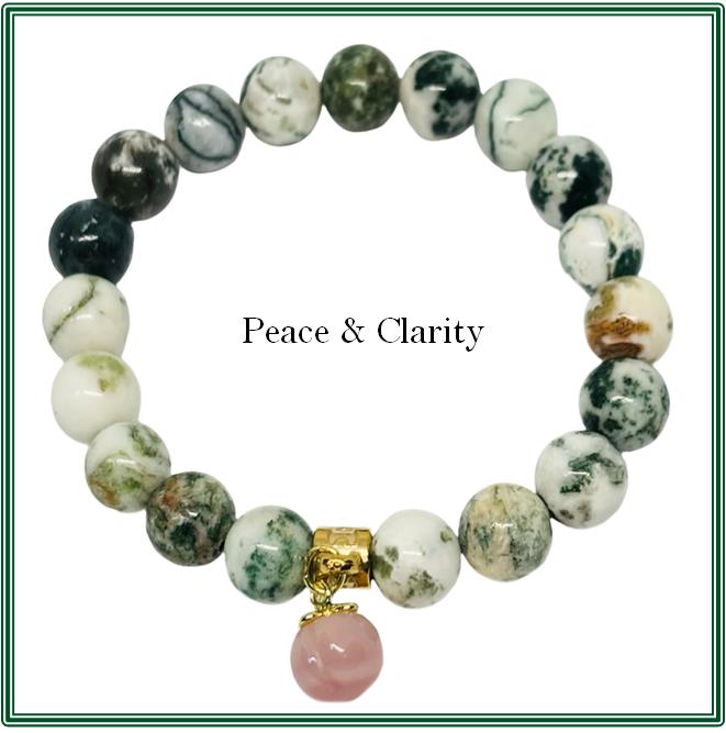 Green Tree Agate Bracelet with Peach Stone Charm