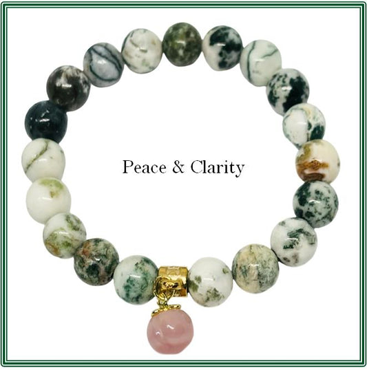 Green Tree Agate Bracelet with Peach Stone Charm