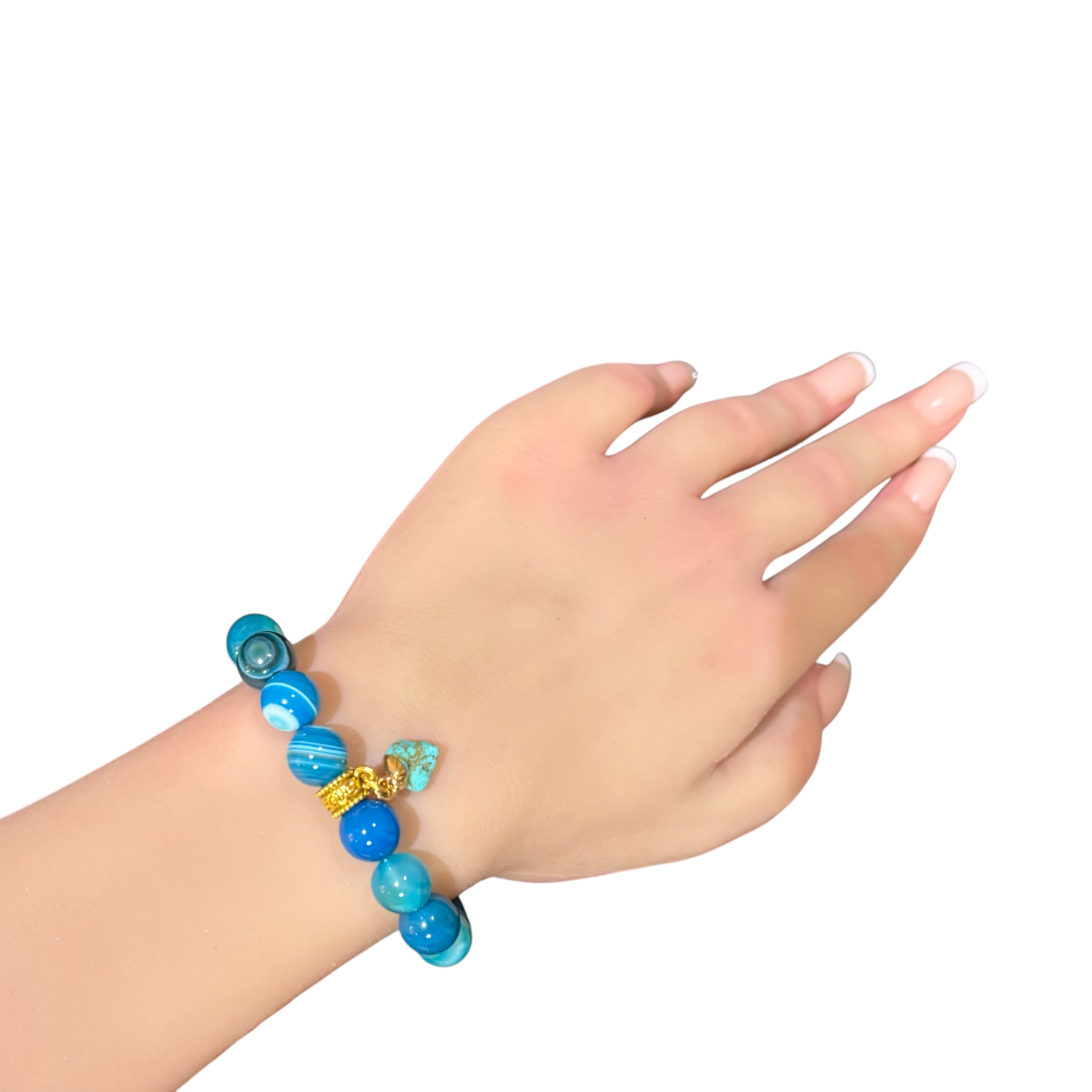 Bracelet - Blue Striped Agate with Raw Turquoise Charm in Brass