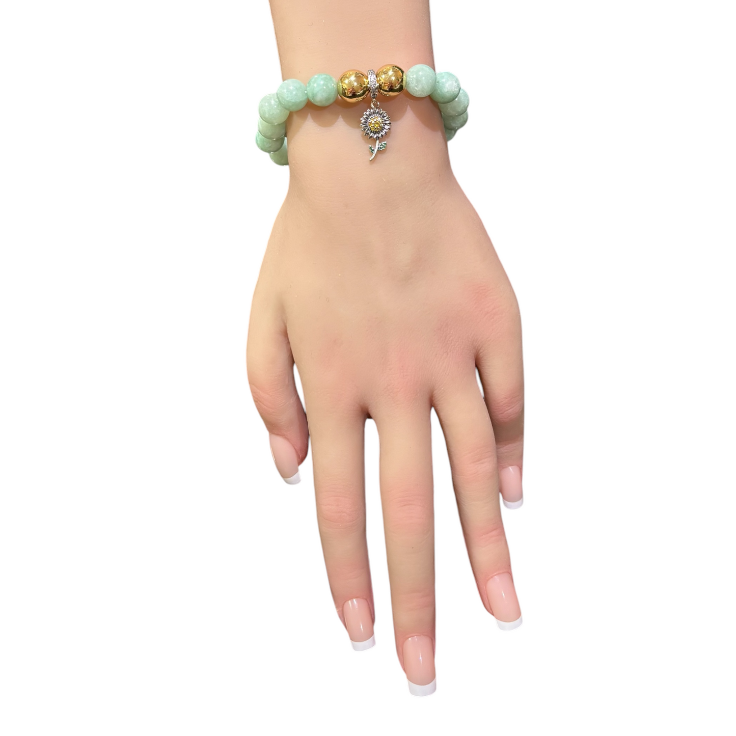 Green Jade and Gold Hematite Bracelet paired with Sterling Sunflower Charm