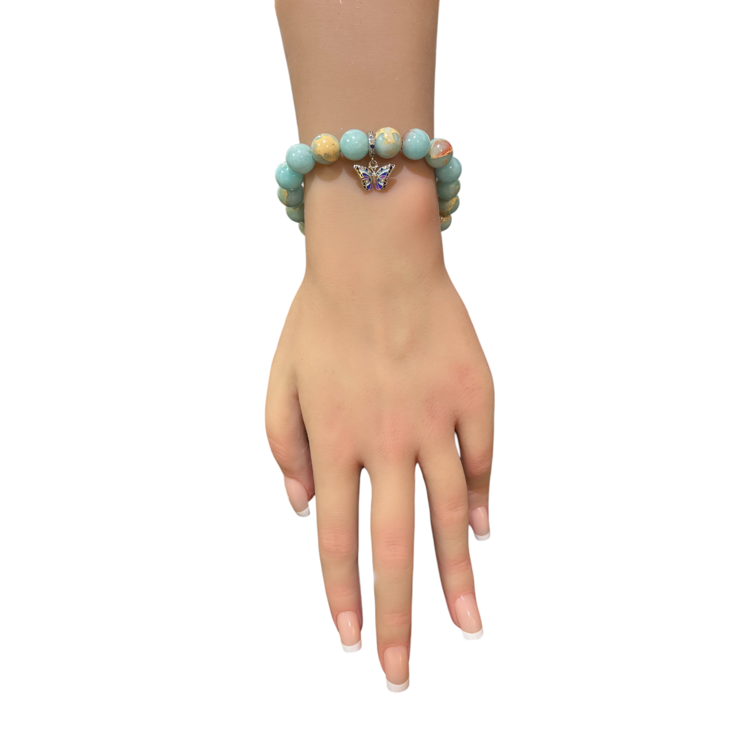 imperial Blue Jasper Bracelet paired with a sterling silver and enamel butterfly charm 