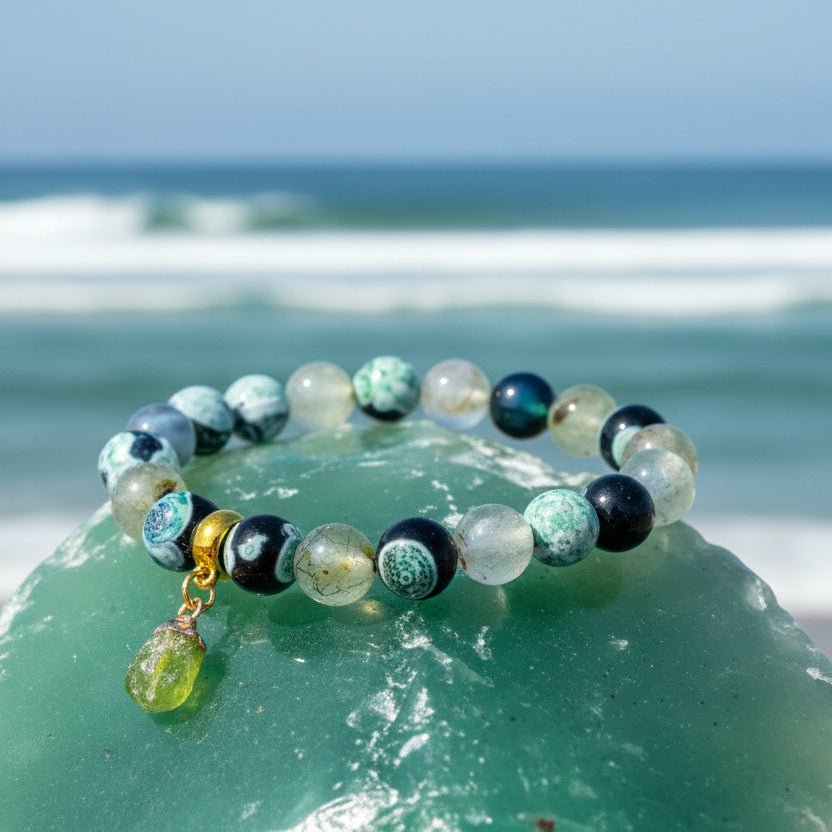 Green Dream Fire Agate and Prehnite Stone bracelet for balance and compassion