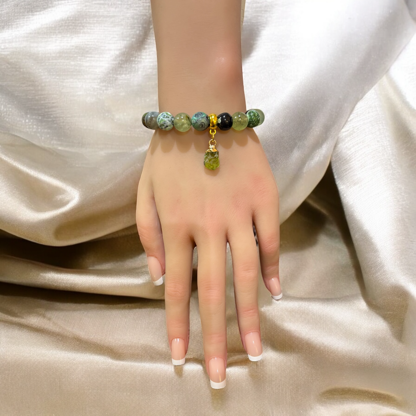 Peridot and Green Dream Fire Agate Bracelet with brass finding and with a raw peridot stone charm