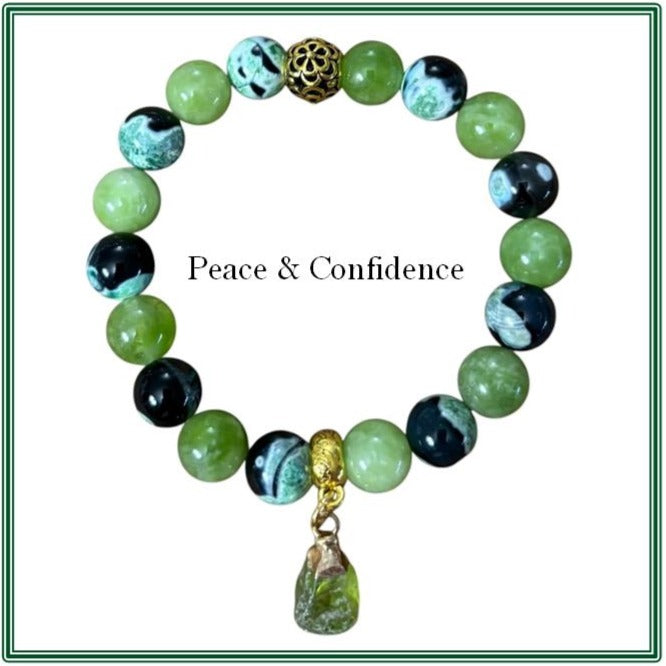 Peridot and Green Dream Fire Agate Bracelet with brass finding and with a raw peridot stone charm