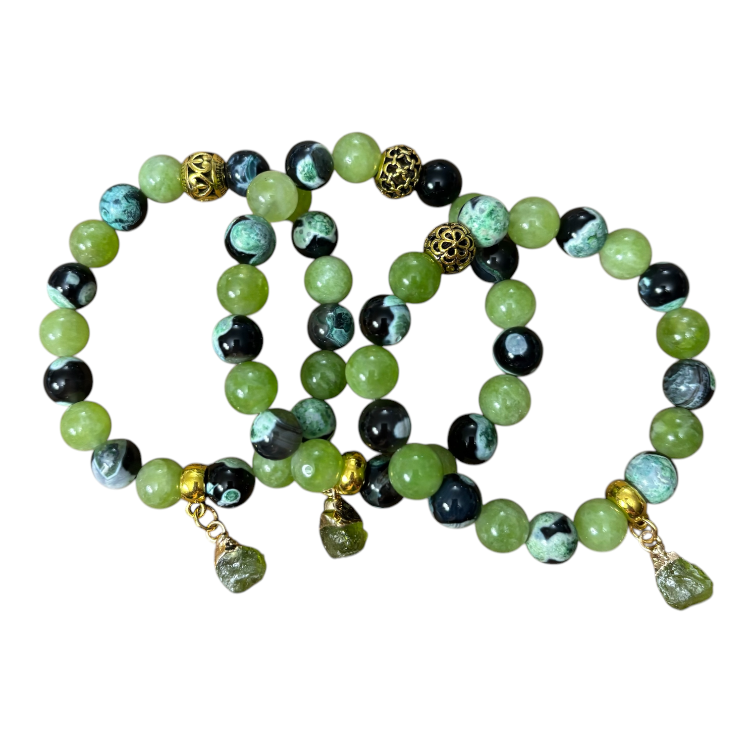 Peridot and Green Dream Fire Agate Bracelet with brass finding and with a raw peridot stone charm